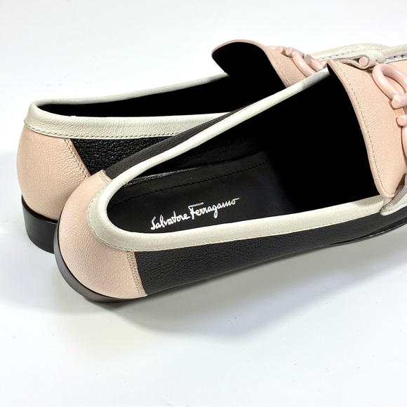 Salvatore Ferragamo Gancini Leather Colorblock Loafers 8.5 Black Pink Ivory NEW - Picture 9 of 17